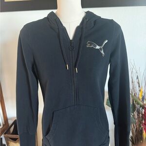 Puma Moto Style Hoodie Zip Black Gold Women’s S Kangaroo Pockets Logo